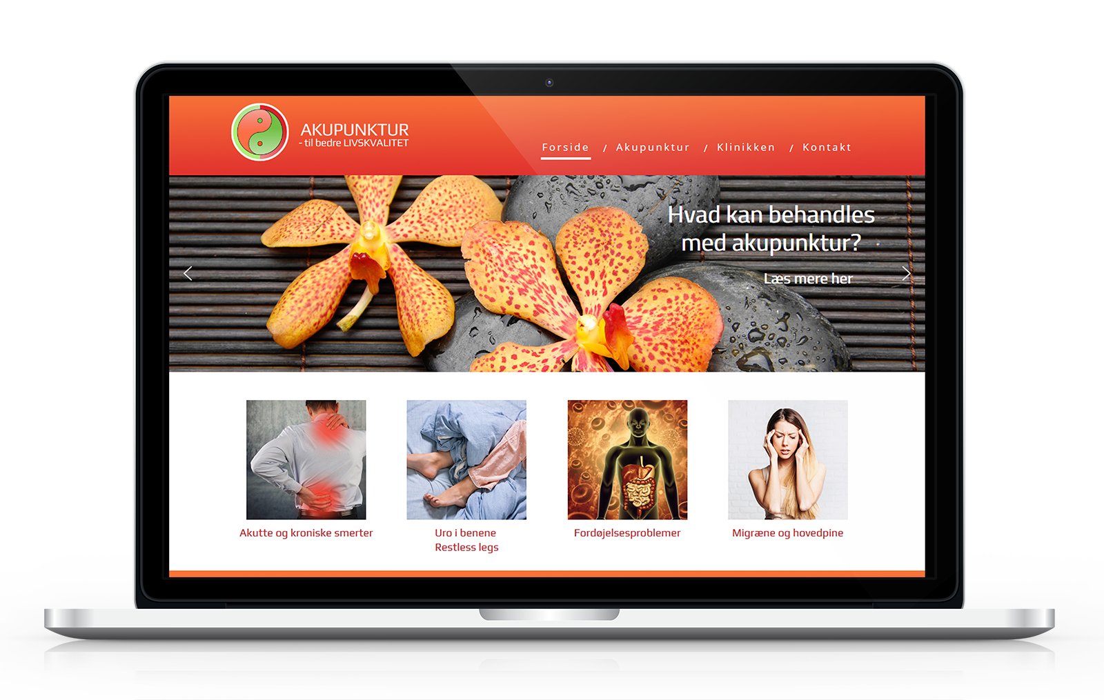 Hjemmeside i varme røde farver til Pias akupunkturklinik